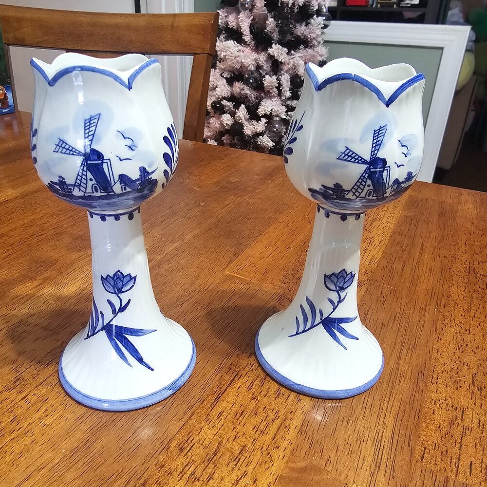 Delftware Pottery by Elesva Holland-Candlestick Holders